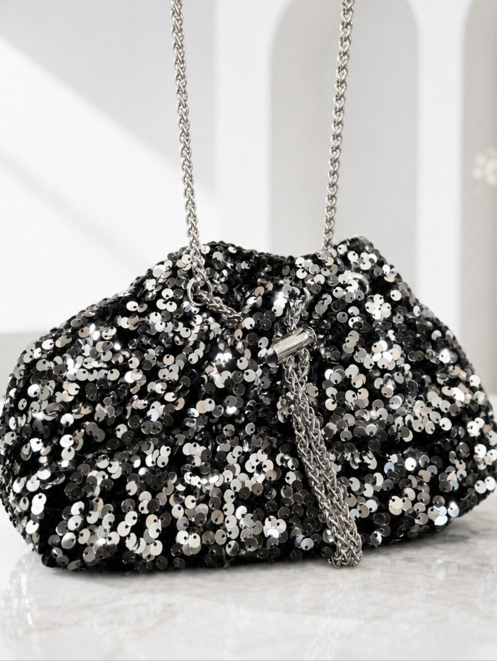 Sequin Drawstring Chain Shoulder/Crossbody Bag in Black and Silver